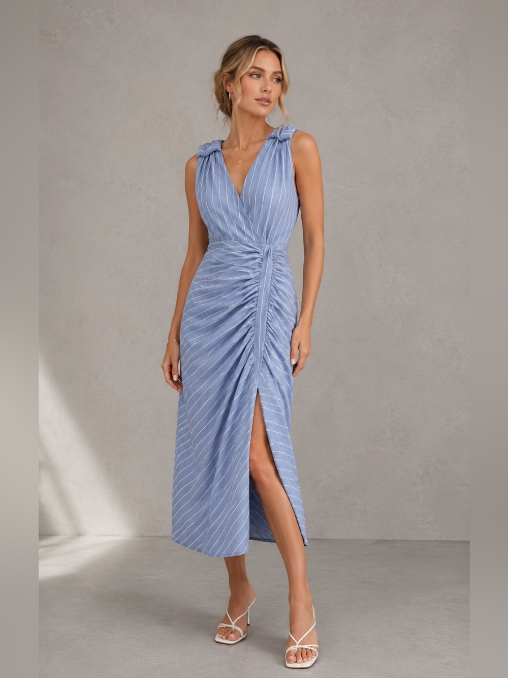 Veronica Beard Teagan Striped Midi Side Slit Ruched Linen Dress sz 00 B2400